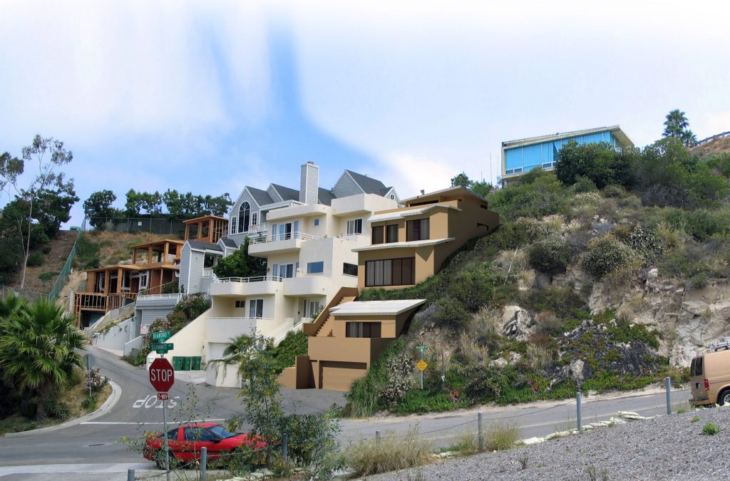 A rendering for a proposed home built on steep Summit Way in Laguna Beach illustrates how the structure could be stepped into the hillside to lessen its massiveness and accommodate the neighbor’s views.